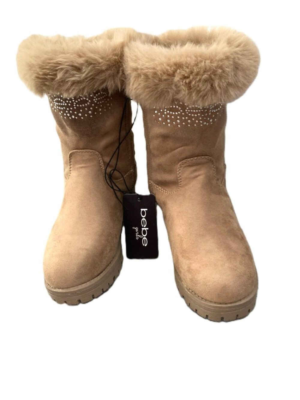 BEBE Sparkly Fur Cuff Boots Vegan Faux Fur Side Zipper Suede Girls Size 2